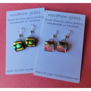 Two Pair Fused Dichroic Glass Dangle Earrings with Sterling Hooks Handmade